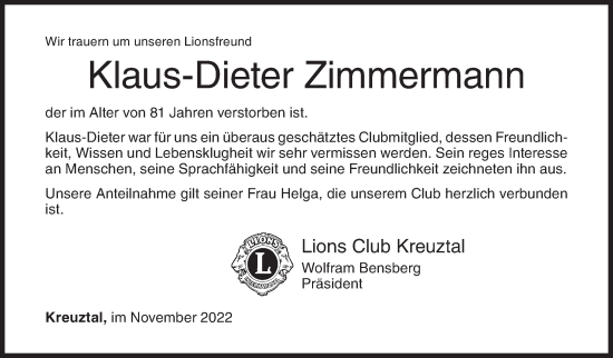 Traueranzeige von Klaus-Dieter Zimmermann von Siegener Zeitung