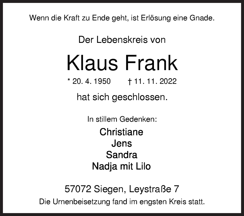  Traueranzeige für Klaus Frank vom 26.11.2022 aus Siegener Zeitung