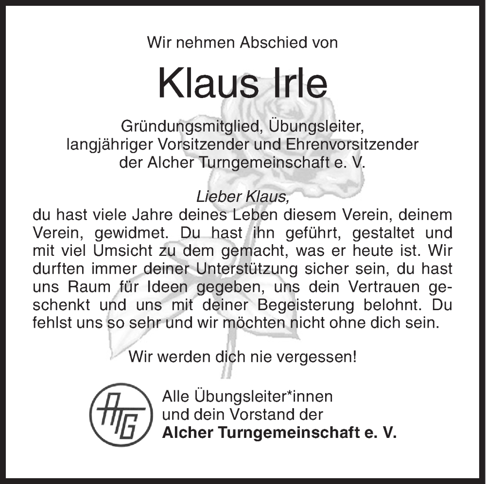  Traueranzeige für Klaus Irle vom 05.11.2022 aus Siegener Zeitung