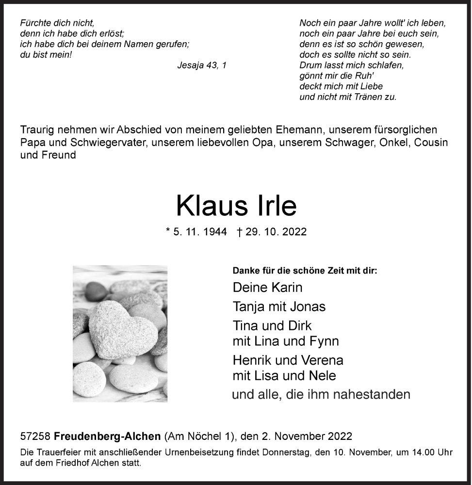  Traueranzeige für Klaus Irle vom 02.11.2022 aus Siegener Zeitung