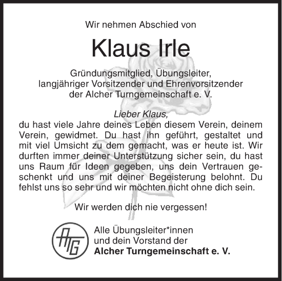 Traueranzeige von Klaus Irle von Siegener Zeitung