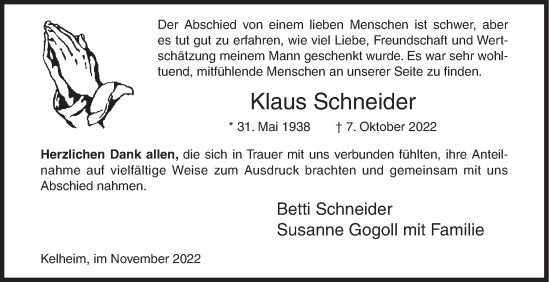 Traueranzeige von Klaus Schneider von Siegener Zeitung