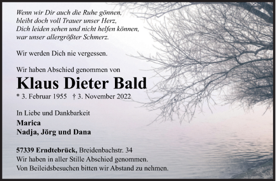 Traueranzeige von Klaus Dieter Bald von Siegener Zeitung