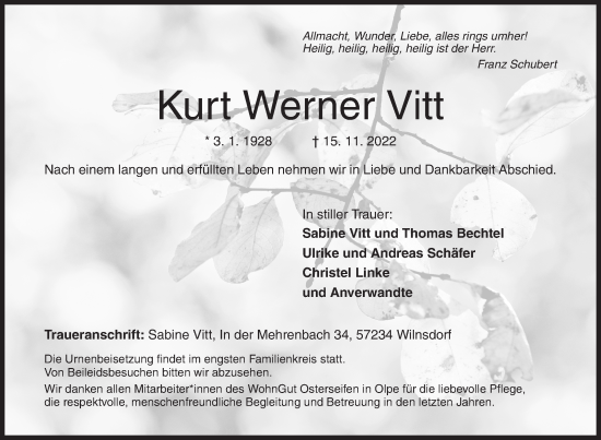 Traueranzeige von Kurt Werner Vitt von Siegener Zeitung
