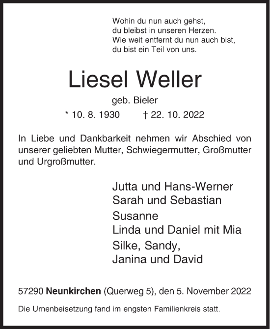 Traueranzeige von Liesel Weller von Siegener Zeitung