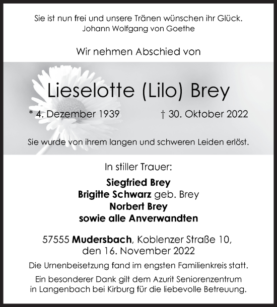 Traueranzeige von Lieselotte Brey von Siegener Zeitung