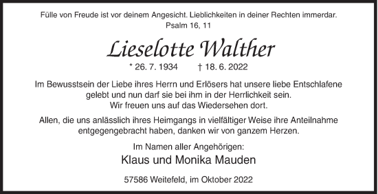 Traueranzeige von Lieselotte Walther von Siegener Zeitung