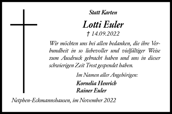 Traueranzeige von Lotti Euler von Siegener Zeitung