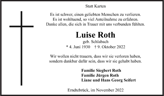 Traueranzeige von Luise Roth von Siegener Zeitung