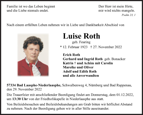 Traueranzeige von Luise Roth von Siegener Zeitung