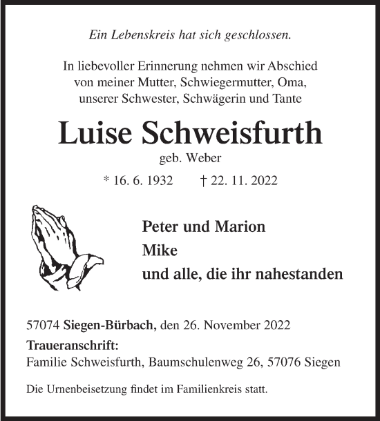 Traueranzeige von Luise Schweisfurth von Siegener Zeitung
