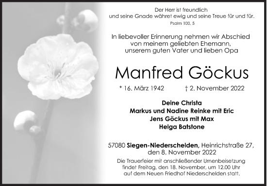 Traueranzeige von Manfred Göckus von Siegener Zeitung