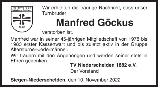 Traueranzeige von Manfred Göckus von Siegener Zeitung