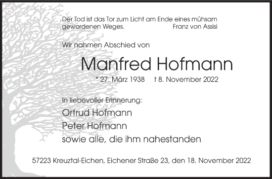 Traueranzeige von Manfred Hofmann von Siegener Zeitung