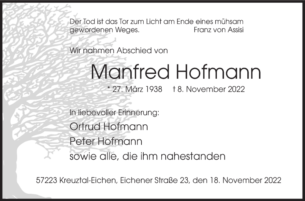  Traueranzeige für Manfred Hofmann vom 18.11.2022 aus Siegener Zeitung