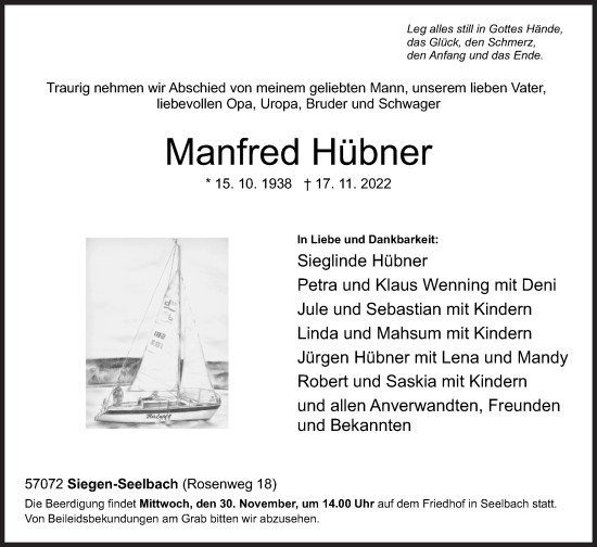 Traueranzeige von Manfred Hübner von Siegener Zeitung
