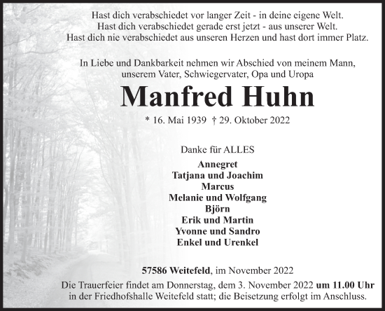 Traueranzeige von Manfred Huhn von Siegener Zeitung