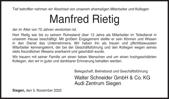 Traueranzeige von Manfred Rietig von Siegener Zeitung