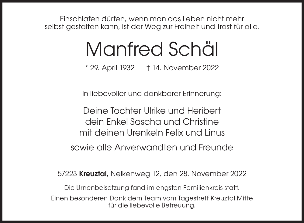  Traueranzeige für Manfred Schäl vom 28.11.2022 aus Siegener Zeitung