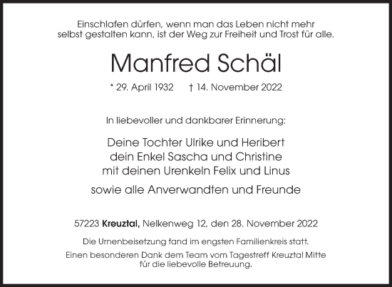 Traueranzeige von Manfred Schäl von Siegener Zeitung