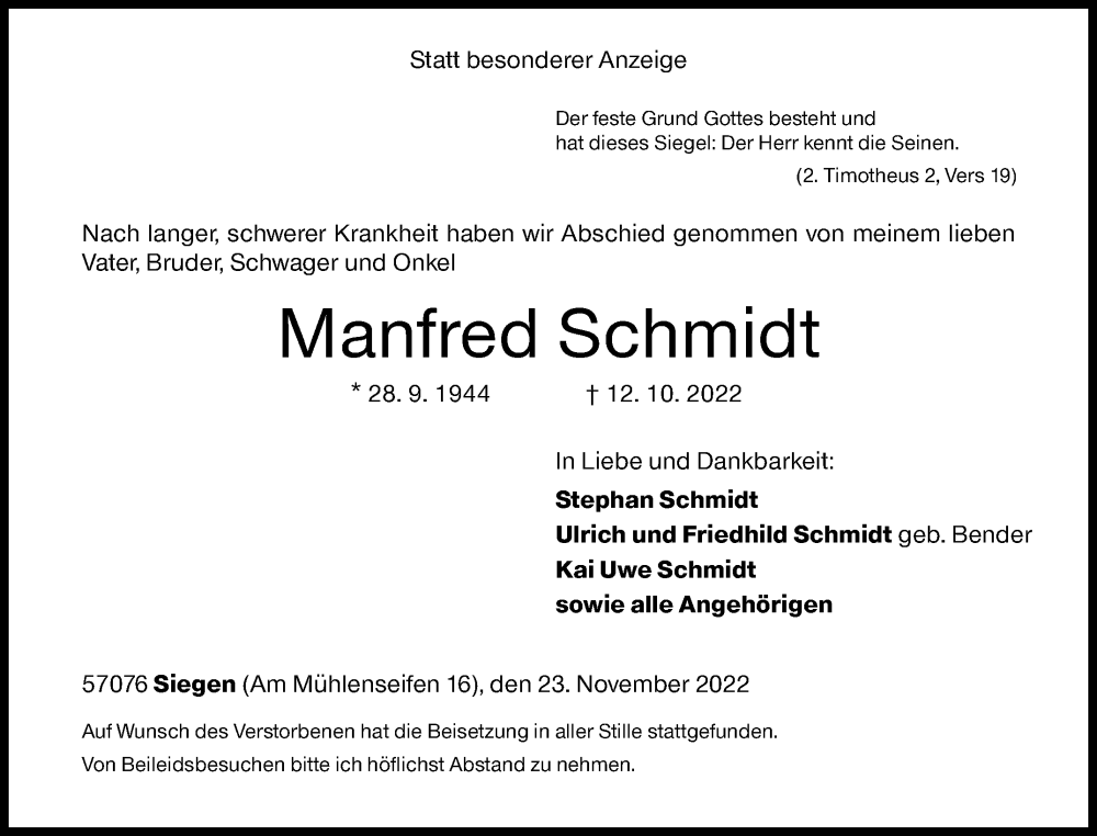  Traueranzeige für Manfred Schmidt vom 23.11.2022 aus Siegener Zeitung