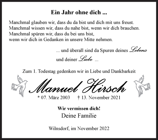 Traueranzeige von Manuel Hirsch von Siegener Zeitung