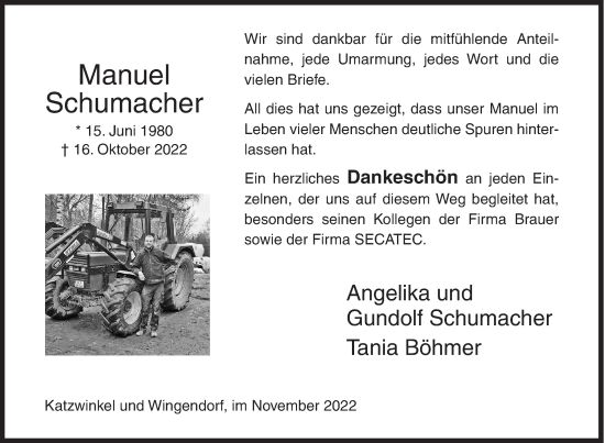 Traueranzeige von Manuel Schumacher von Siegener Zeitung