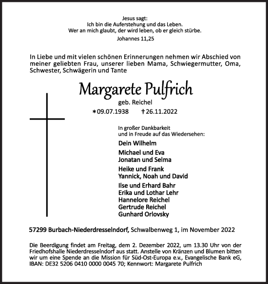 Traueranzeige von Margarete Pulfrich von Siegener Zeitung