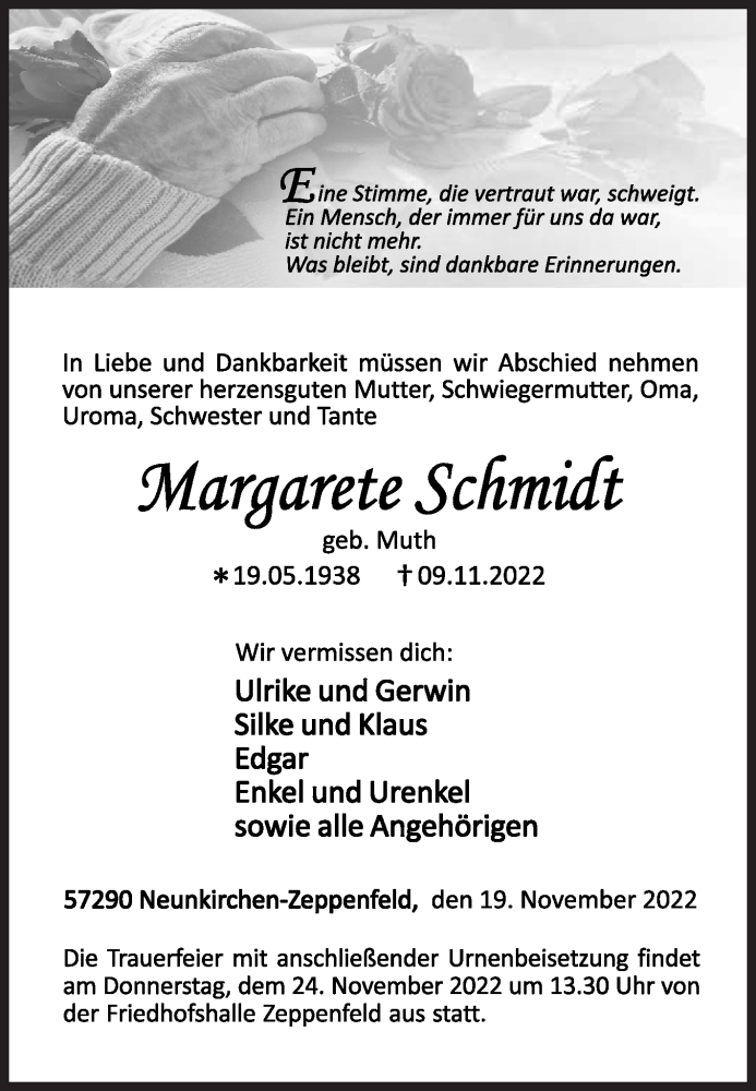  Traueranzeige für Margarete Schmidt vom 19.11.2022 aus Siegener Zeitung