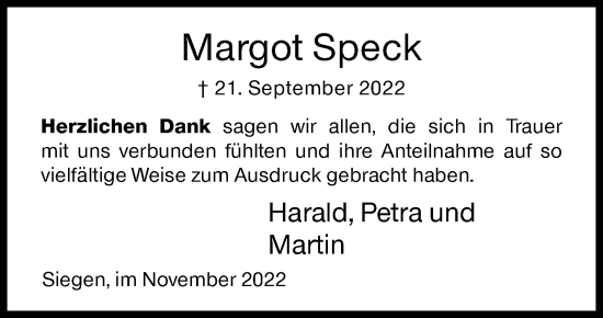 Traueranzeige von Margot Speck von Siegener Zeitung