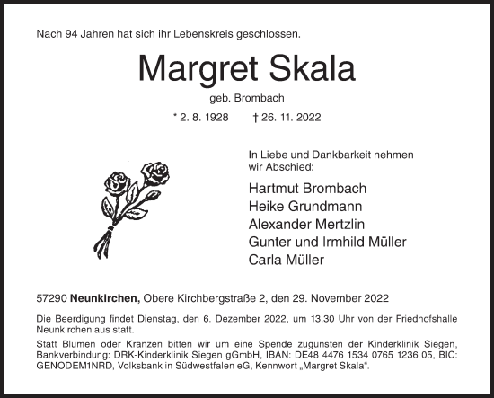 Traueranzeige von Margret Skala von Siegener Zeitung