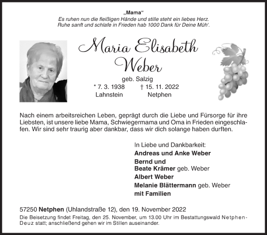 Traueranzeige von Maria Elisabeth Weber von Siegener Zeitung