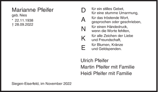Traueranzeige von Marianne Pfeifer von Siegener Zeitung
