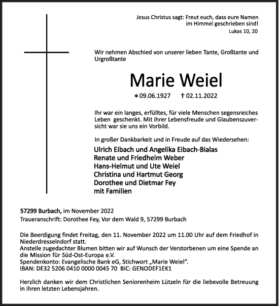 Traueranzeige von Marie Weiel von Siegener Zeitung