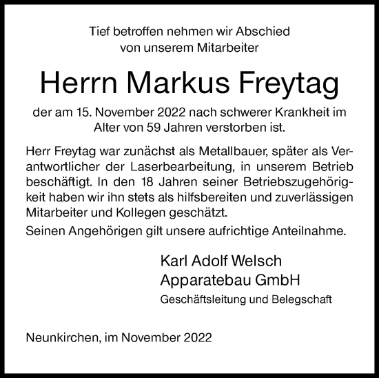 Traueranzeige von Markus Freytag von Siegener Zeitung