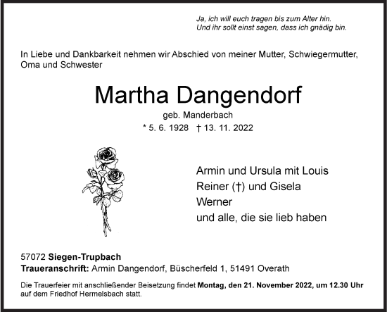 Traueranzeige von Martha Dangendorf von Siegener Zeitung