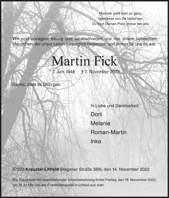 Traueranzeige von Martin Fick von Siegener Zeitung