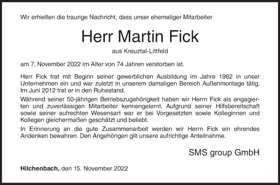 Traueranzeige von Martin Fick von Siegener Zeitung
