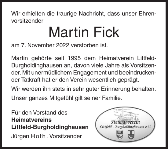 Traueranzeige von Martin Fick von Siegener Zeitung