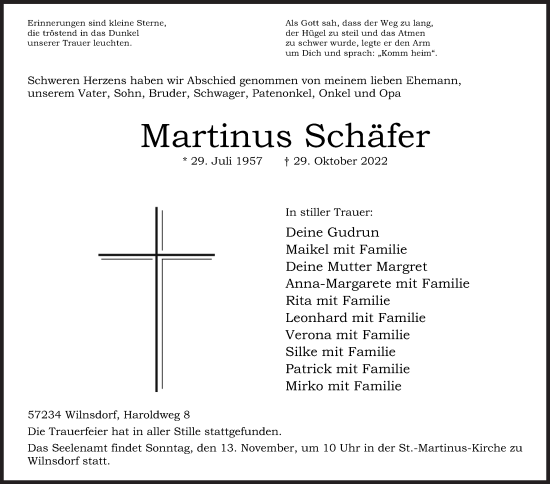 Traueranzeige von Martinus Schäfer von Siegener Zeitung