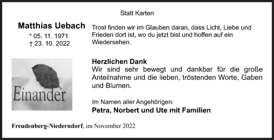Traueranzeige von Matthias Uebach von Siegener Zeitung