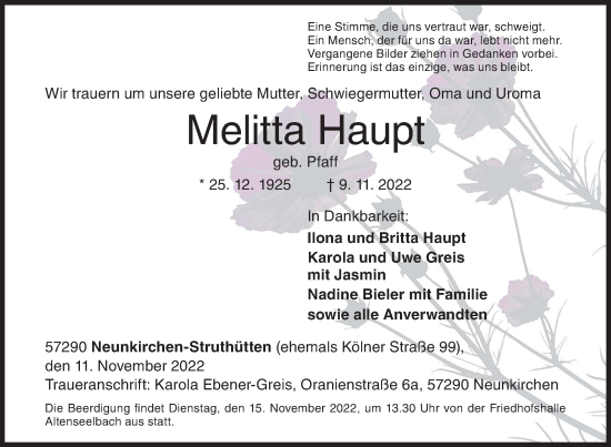 Traueranzeige von Melitta Haupt von Siegener Zeitung