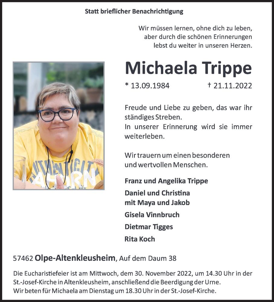 Traueranzeige für Michaela Trippe vom 26.11.2022 aus Siegener Zeitung
