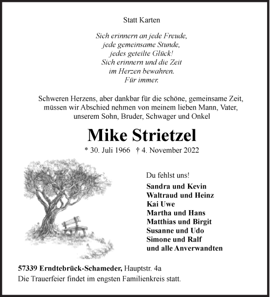 Traueranzeige von Mike Strietzel von Siegener Zeitung