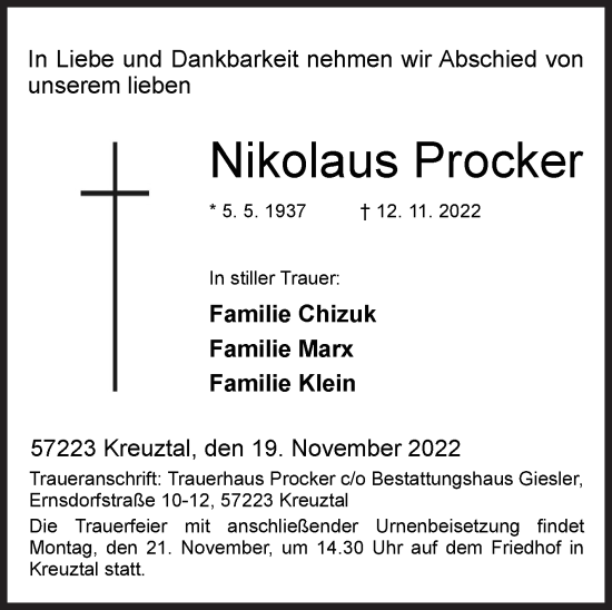 Traueranzeige von Nikolaus Procker von Siegener Zeitung