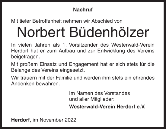 Traueranzeige von Norbert Büdenhölzer von Siegener Zeitung