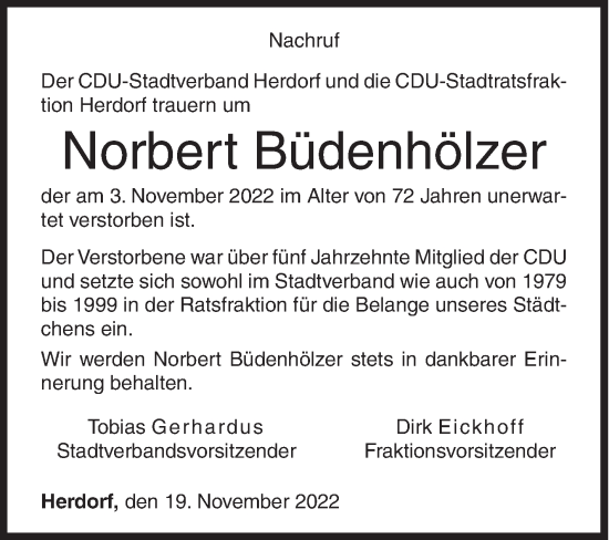 Traueranzeige von Norbert Büdenhölzer von Siegener Zeitung