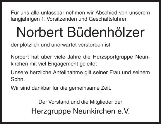 Traueranzeige von Norbert Büdenhölzer von Siegener Zeitung