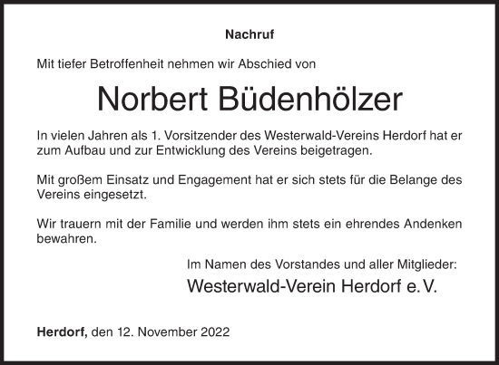 Traueranzeige von Norbert Büdenhölzer von Siegener Zeitung