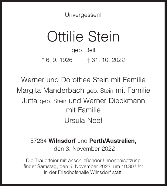 Traueranzeige von Ottilie Stein von Siegener Zeitung